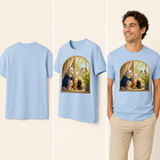 Sunday Window Watch — Unisex Adult T-Shirt — inferred back, side and adult model views from approved front artwork