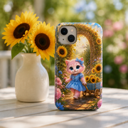 Sunflower Maze Shortcut tough phone case on a sunny garden table with Pink Kitten artwork visible; props not included