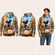 Sunny Sidecar Sendoff — All-Over Print Hoodie — inferred back, side and adult model views from approved front artwork