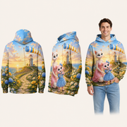 Sunset Lighthouse Walk — All-Over Print Hoodie — inferred back, side and adult model views from approved front artwork