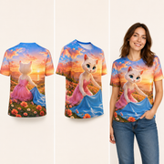 Sunset Picnic Blanket T-Shirt — inferred back, three-quarter and natural model views — The Fluffy Fam