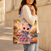 Representative shoulder carry of the Natural-base Sunset Sparkling Toast canvas tote — full-face front artwork only