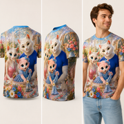 Table-Setting Dance all-over print T-shirt — inferred back, three-quarter side, and adult model views