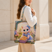 Representative shoulder carry of the Natural-base Tea Loaf Window Wave canvas tote — full-face front artwork only