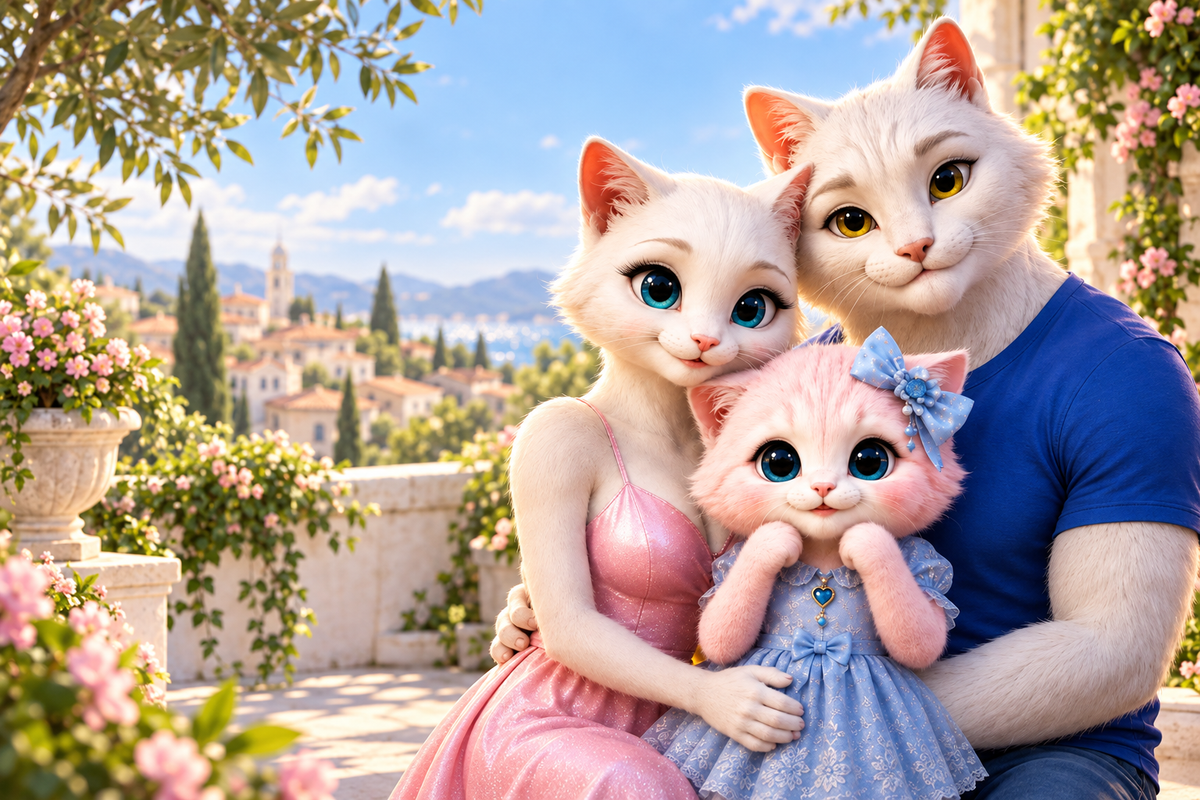 Cat Mom, Cat Dad and Pink Kitten together in a sunny storybook garden