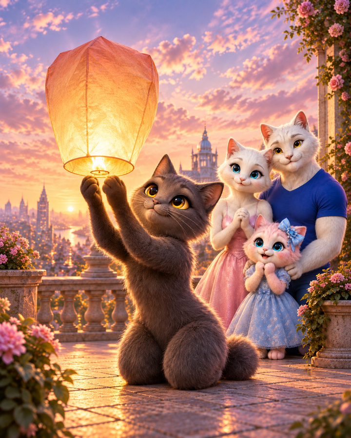 A guest cat releasing a glowing lantern beside the Fluffy Fam