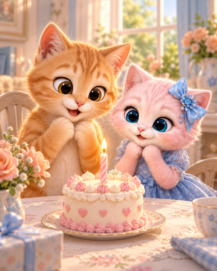 An orange guest cat and Pink Kitten sharing a birthday cake