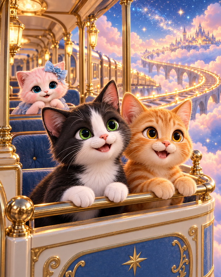 Two guest cats and Pink Kitten riding a magical train above the clouds
