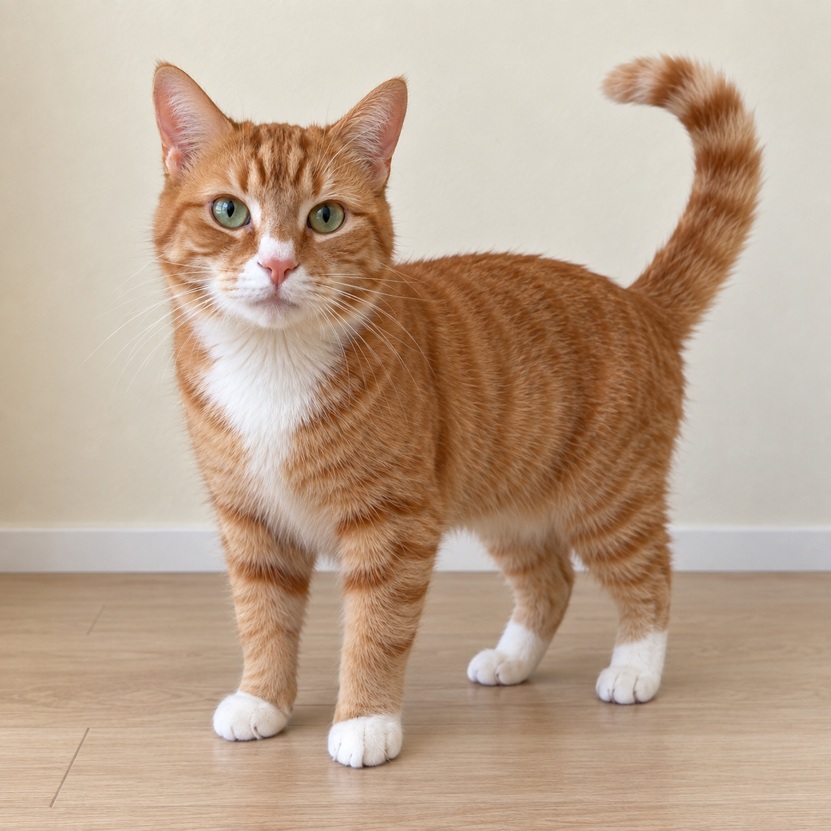 Full-body illustrative photo of the same fictional ginger and white cat