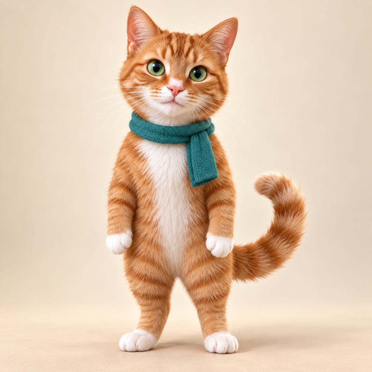 Illustrative animated character study of the same fictional ginger and white cat