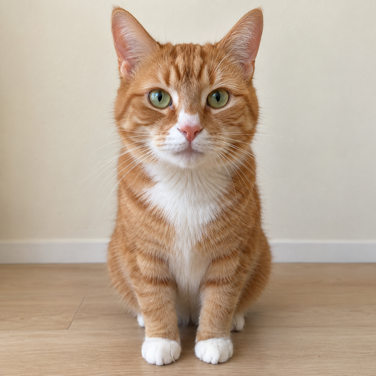 Front-facing illustrative photo of a fictional ginger and white cat