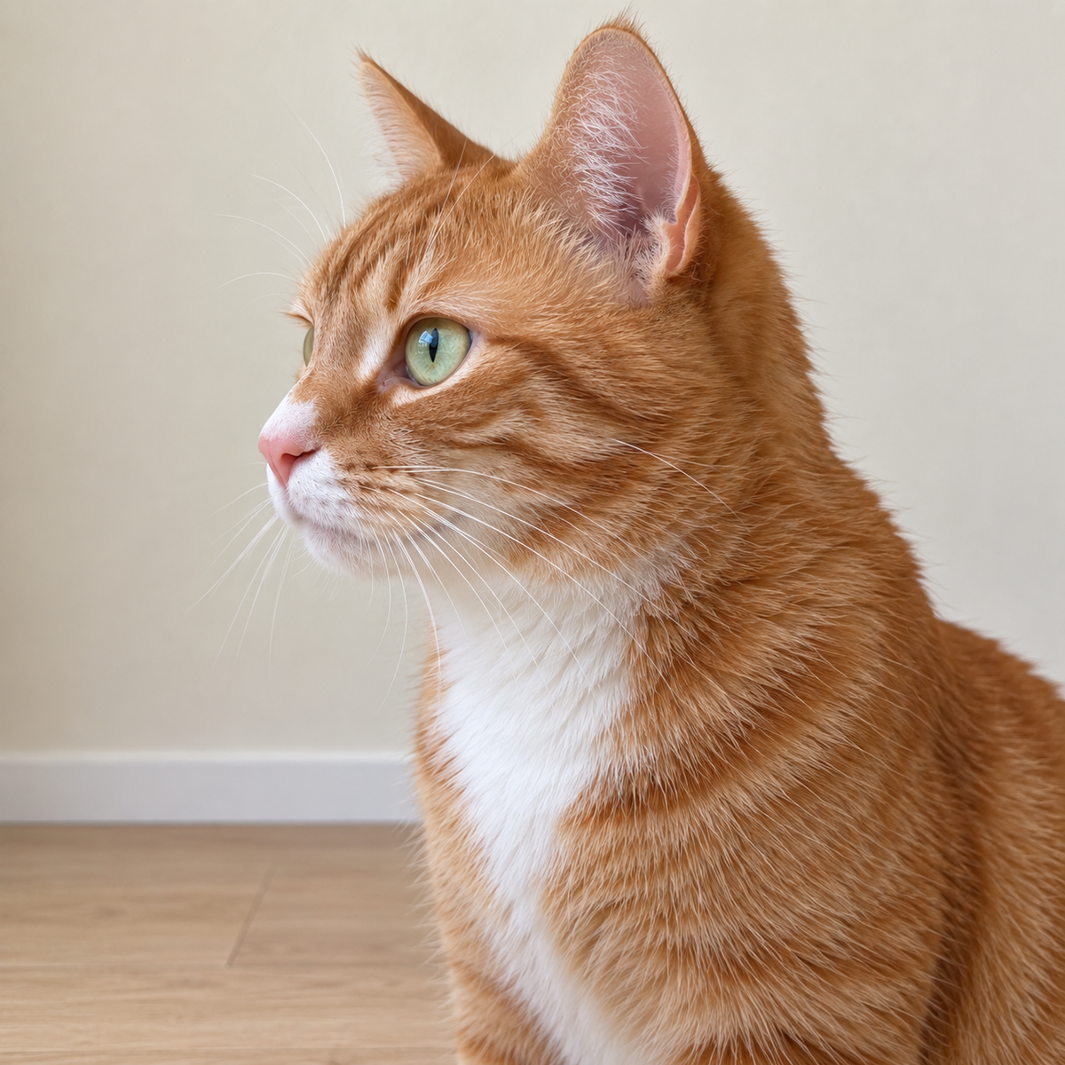 Side-view illustrative photo of the same fictional ginger and white cat