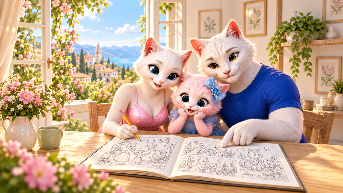 Illustrated Fluffy Fam studio scene with the original cat family planning a story