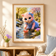Representative framed display of Thawing Stream Boat art print in a warm reading nook; frame and mat not included
