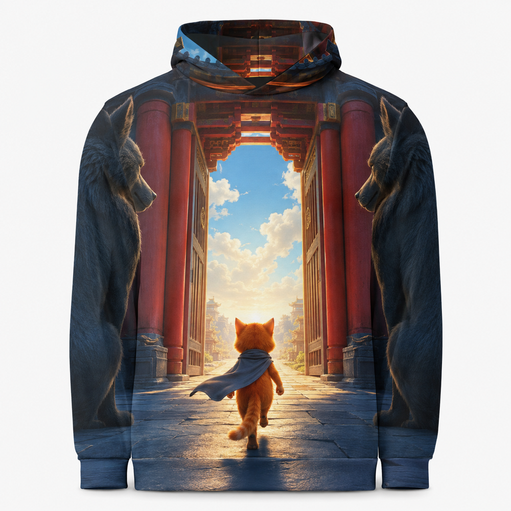 Front view of a slate blue all-over print hoodie featuring a brave orange cat walking through a red gate between two gray wolf guards toward sunlight.