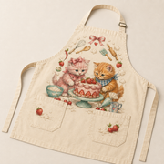 Tiny Baker Cake Patrol Natural printed apron, representative cotton-polyester twill, stitching, two front pockets, waist ties and adjustable neck strap detail
