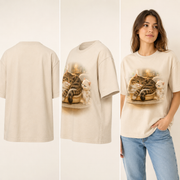 Tiny Bed Takeover Vintage T-Shirt — plain back, three-quarter and adult model views — The Fluffy Fam