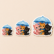 Tiny Umbrella Patrol die-cut sticker, representative 3, 4 and 5 inch size comparison; options sold individually