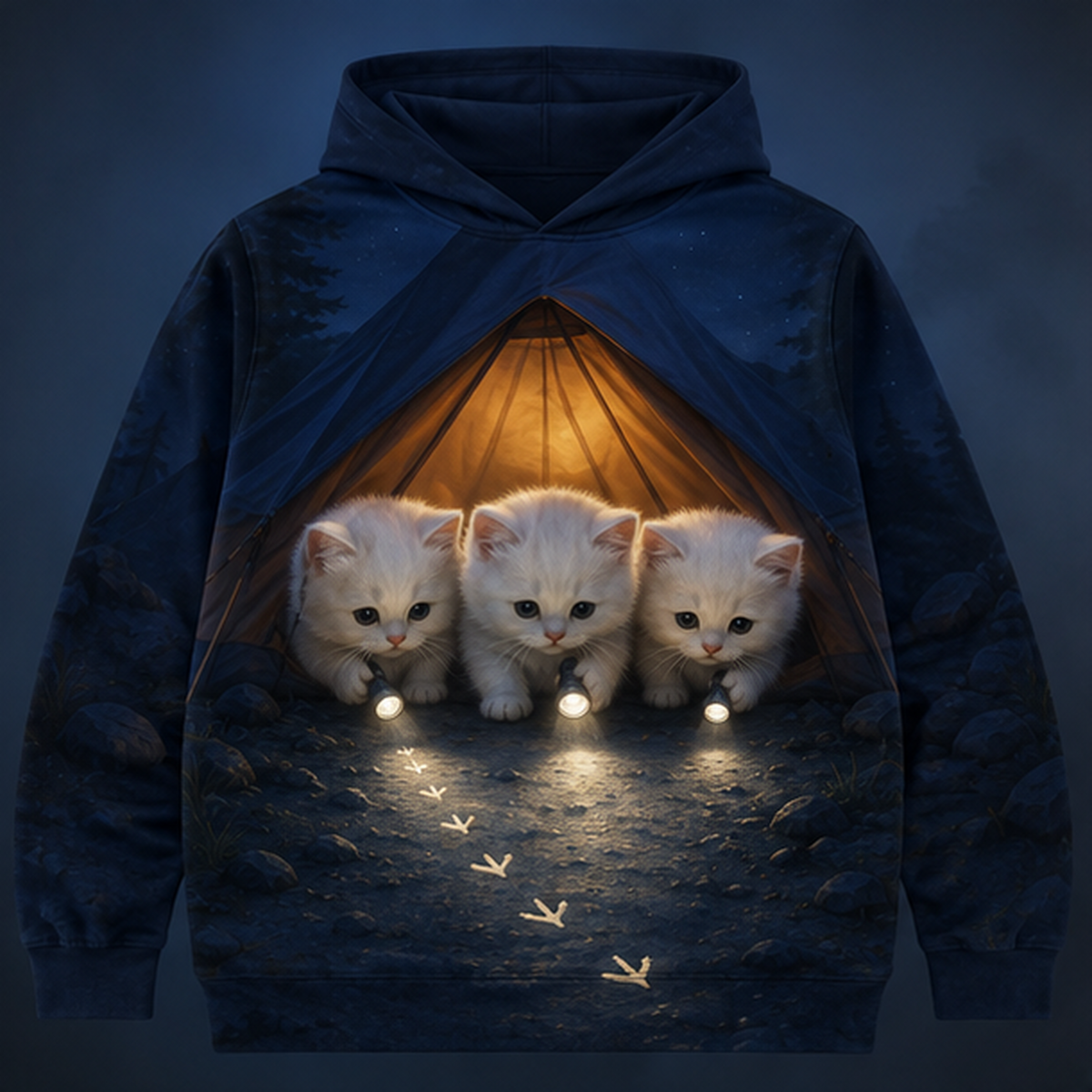 Footprints Outside the Tent — Story-Back AOP Hoodie — front view