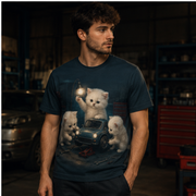 Tiny Garage Night Shift — AOP T-Shirt — lifestyle view