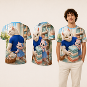 Towel Stack Tower — All-Over Print T-Shirt — inferred back, side and adult model views from approved front artwork