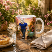 Representative lifestyle visualization of the Toy Wagon Dry-Path Tow ceramic mug on a garden patio after rain