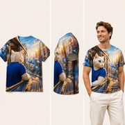 Tram Window Ribbon — All-Over Print T-Shirt — inferred back, side and adult model views from approved front artwork