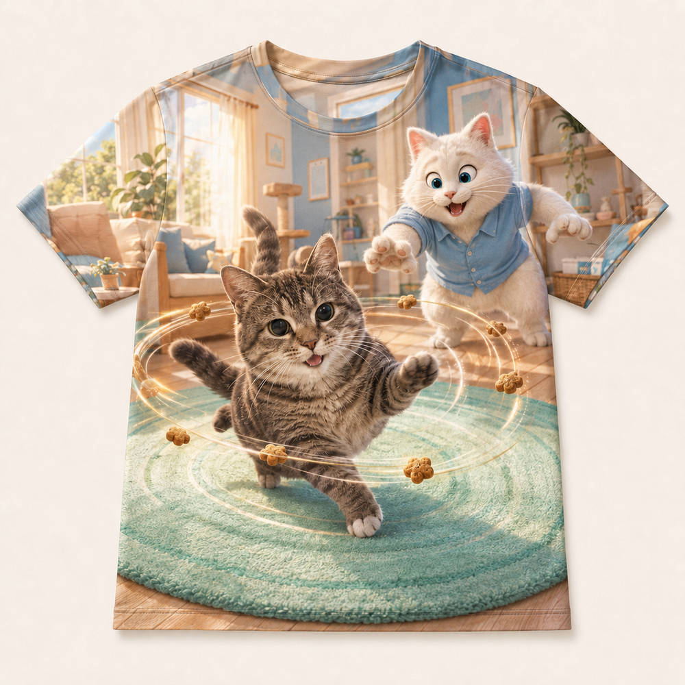 Treat Orbit all-over print T-shirt front view with Ethel spinning on a mint rug and Dad Cat catching treats