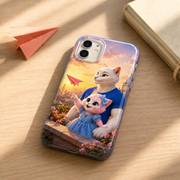 Twilight Paper Plane tough phone case on a warm sunlit desk with Dad Cat and Pink Kitten artwork visible; props not included