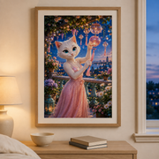 Representative framed display of Twilight Wind Chimes art print in a warm bedroom; frame and mat not included
