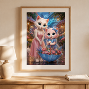 Umbrella Bouquet Day art print in a representative light-oak frame and sunlit room — frame and mat not included
