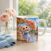 Representative lifestyle visualization of Umbrella Flower Spin ceramic mug by a rainy window