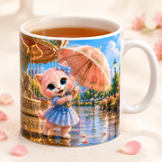 Representative visualization of Umbrella Flower Spin ceramic mug rim, glaze and beverage use detail
