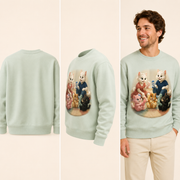 Warm Socks Club crewneck sweatshirt — inferred plain back, three-quarter side, and adult model views
