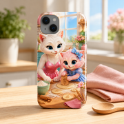 Wheat Pattern Press tough phone case on a bright kitchen counter with Mother Cat and Pink Kitten artwork visible; props not included