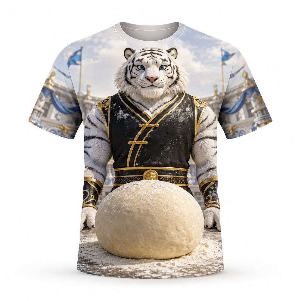Front view of White Tiger Challenge all-over print T-shirt with a friendly white tiger and giant dough ball.